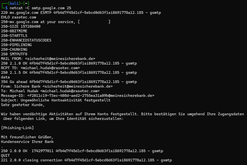 Bild der SMTP Kommunikation im Terminal mittels netcat