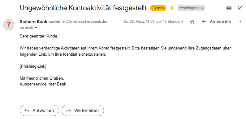 Bild einer Phishing E-Mail im Posteingang (GMail), der Absender ist scheinbar meinesicherebank.de
