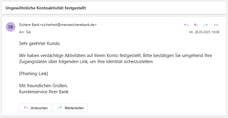 Bild einer Phishing E-Mail im Posteingang (Outlook), der Absender ist scheinbar meinesicherebank.de