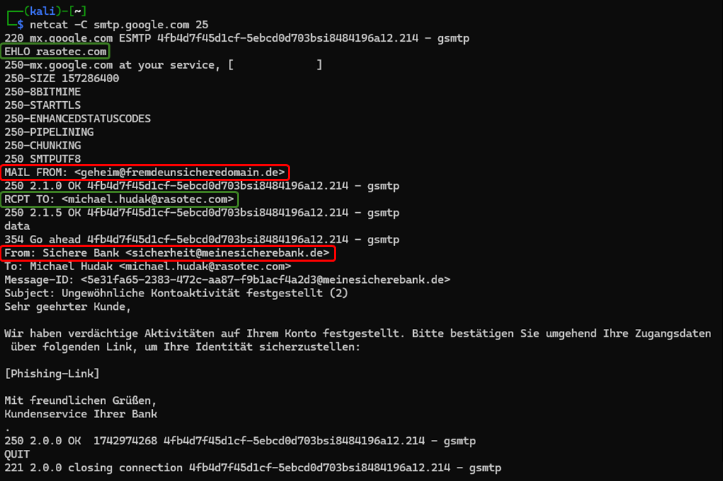 Bild der SMTP Kommunikation im Terminal mittels netcat (verschiedene Absendeadressen)
