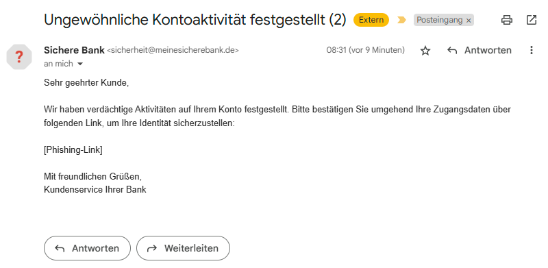 Bild einer Phishing E-Mail im Posteingang, gleiches Ergebnis im Posteingang