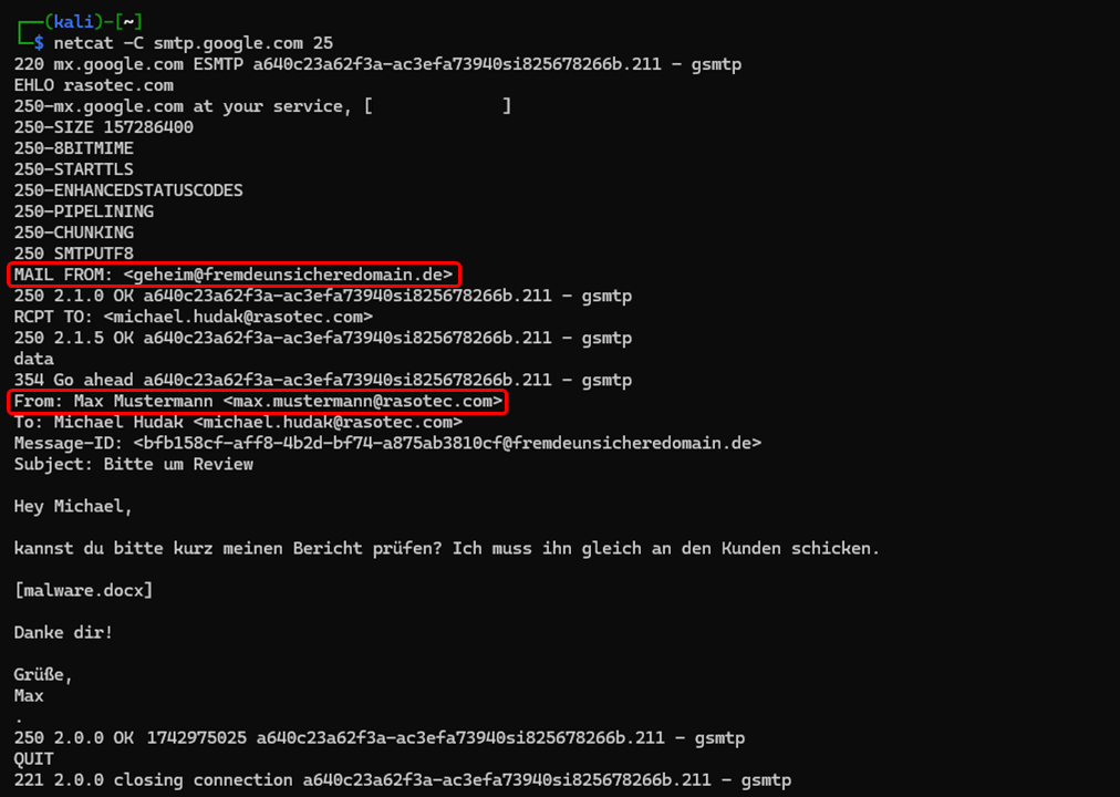 Bild der SMTP Kommunikation im Terminal mittels netcat (verschiedene Absendeadressen)