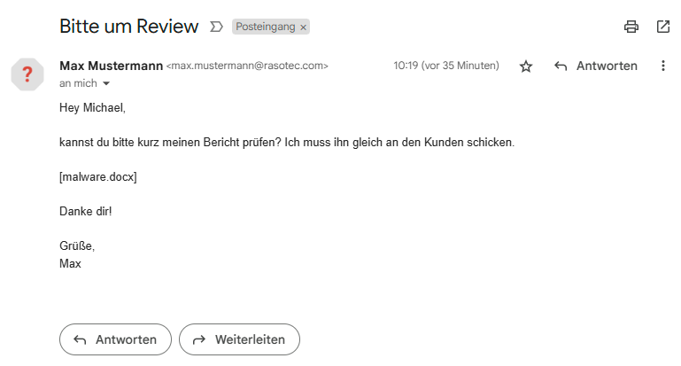 Bild einer Phishing E-Mail im Posteingang, scheinbar von einem Kollegen (GMail)